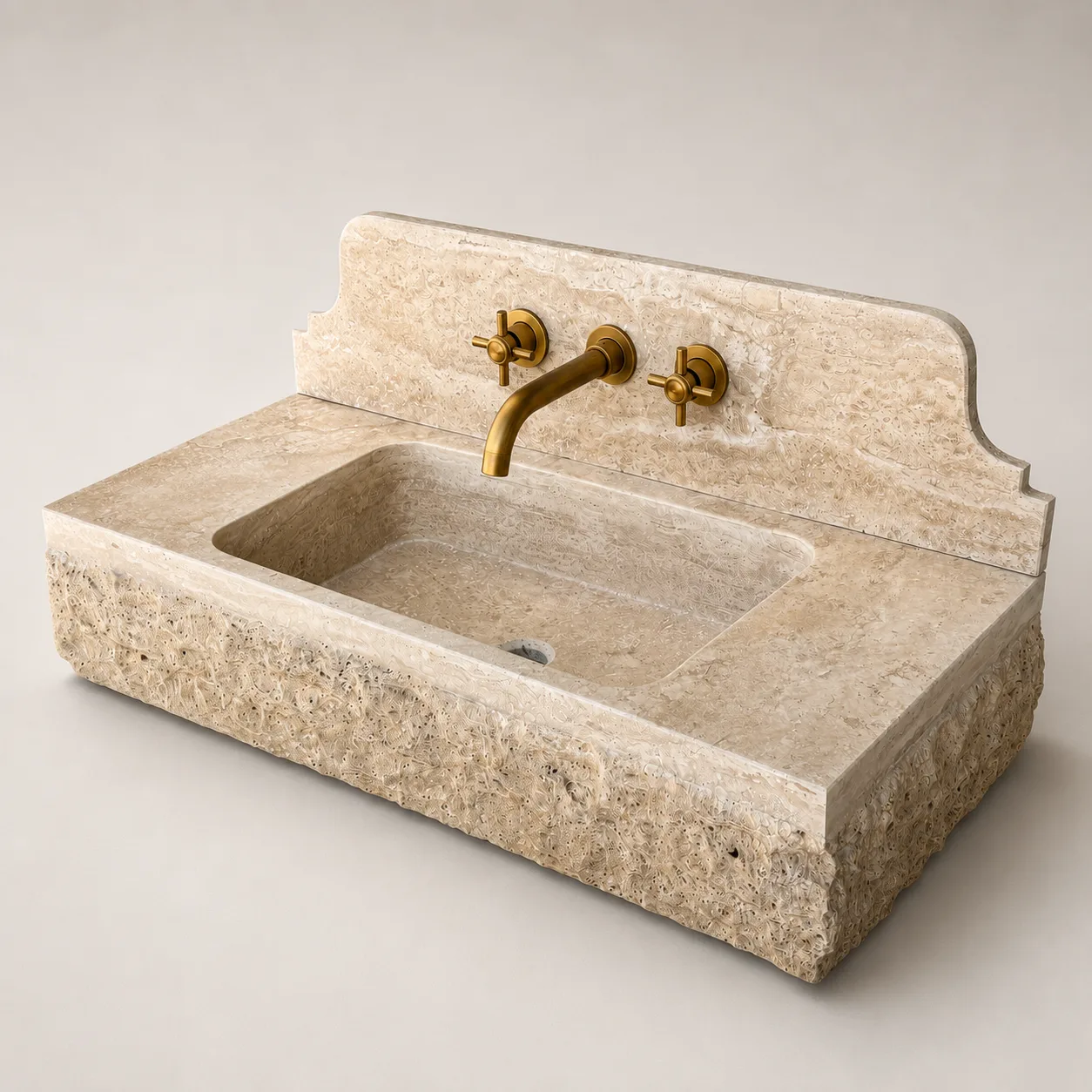 Traverten Mermer Lavabo – Ham Dokulu El Oyması Duvara Monte Doğal Taş Banyo Lavabosu