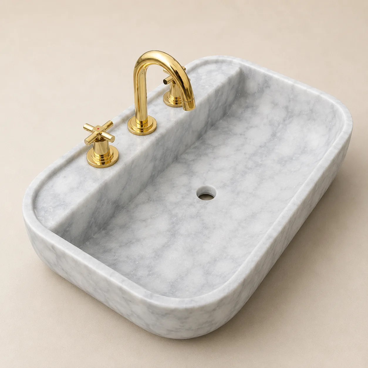 El Oyması Carrara Mermer Lavabo – Yuvarlatılmış Köşeli Dikdörtgen Doğal Taş Banyo Lavabosu