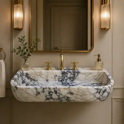 Calacatta Viola Mermer Lavabo – El Oyması Yuvarlatılmış Doğal Taş Duvar Tipi Banyo Lavabosu
