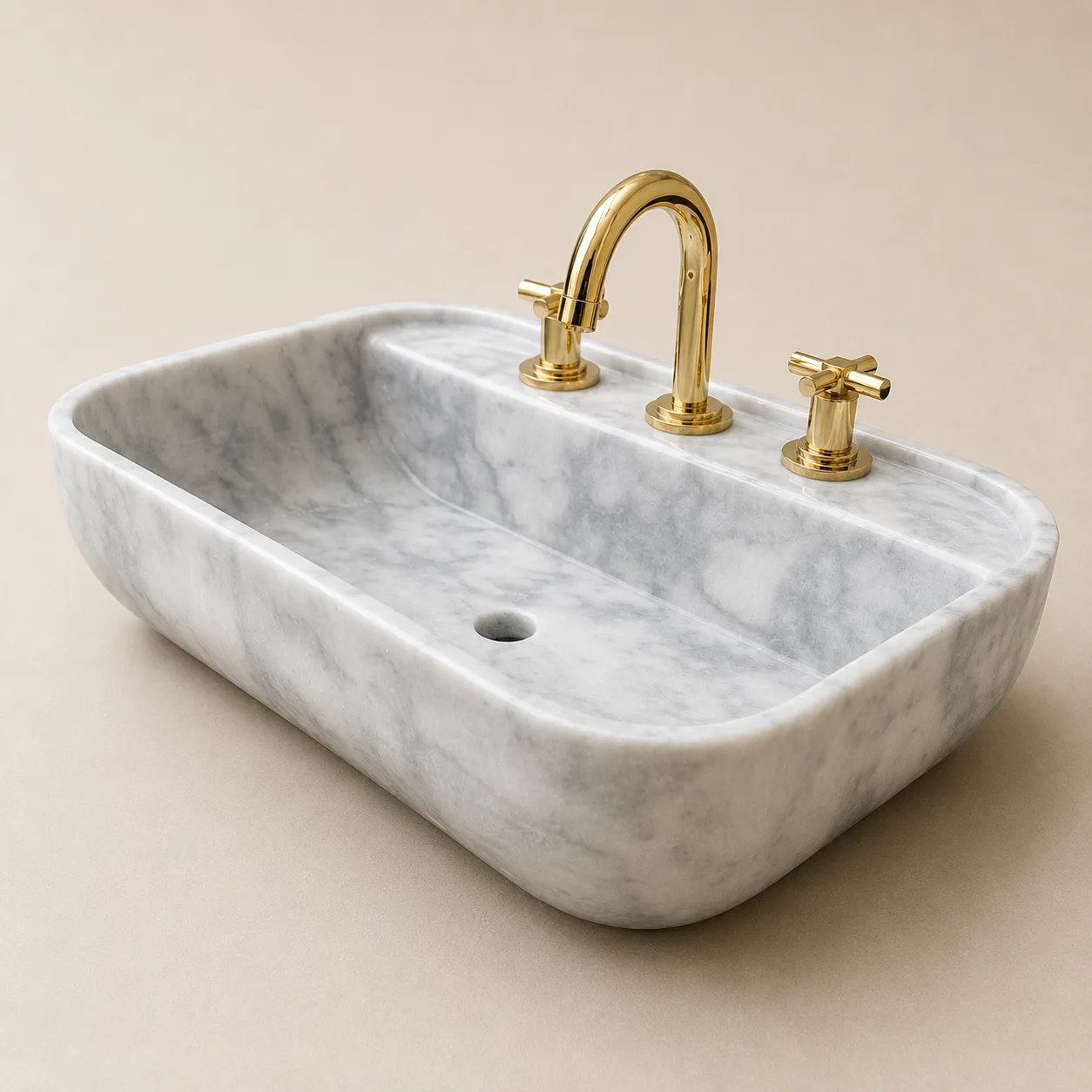 El Oyması Carrara Mermer Lavabo – Yuvarlatılmış Köşeli Dikdörtgen Doğal Taş Banyo Lavabosu
