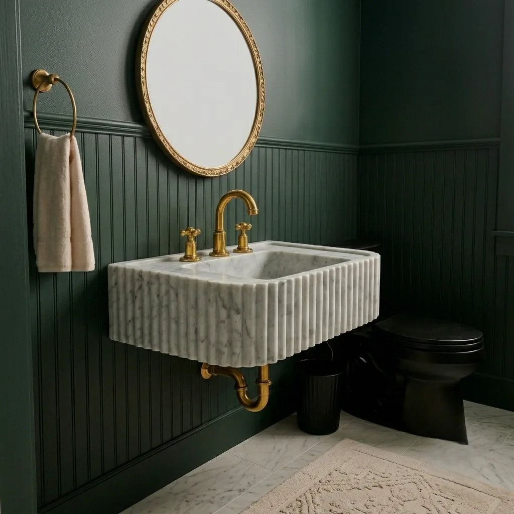 Carrara White Mermer Lavabo – Yivli El Oyması Duvara Monte Doğal Taş Banyo Lavabosu