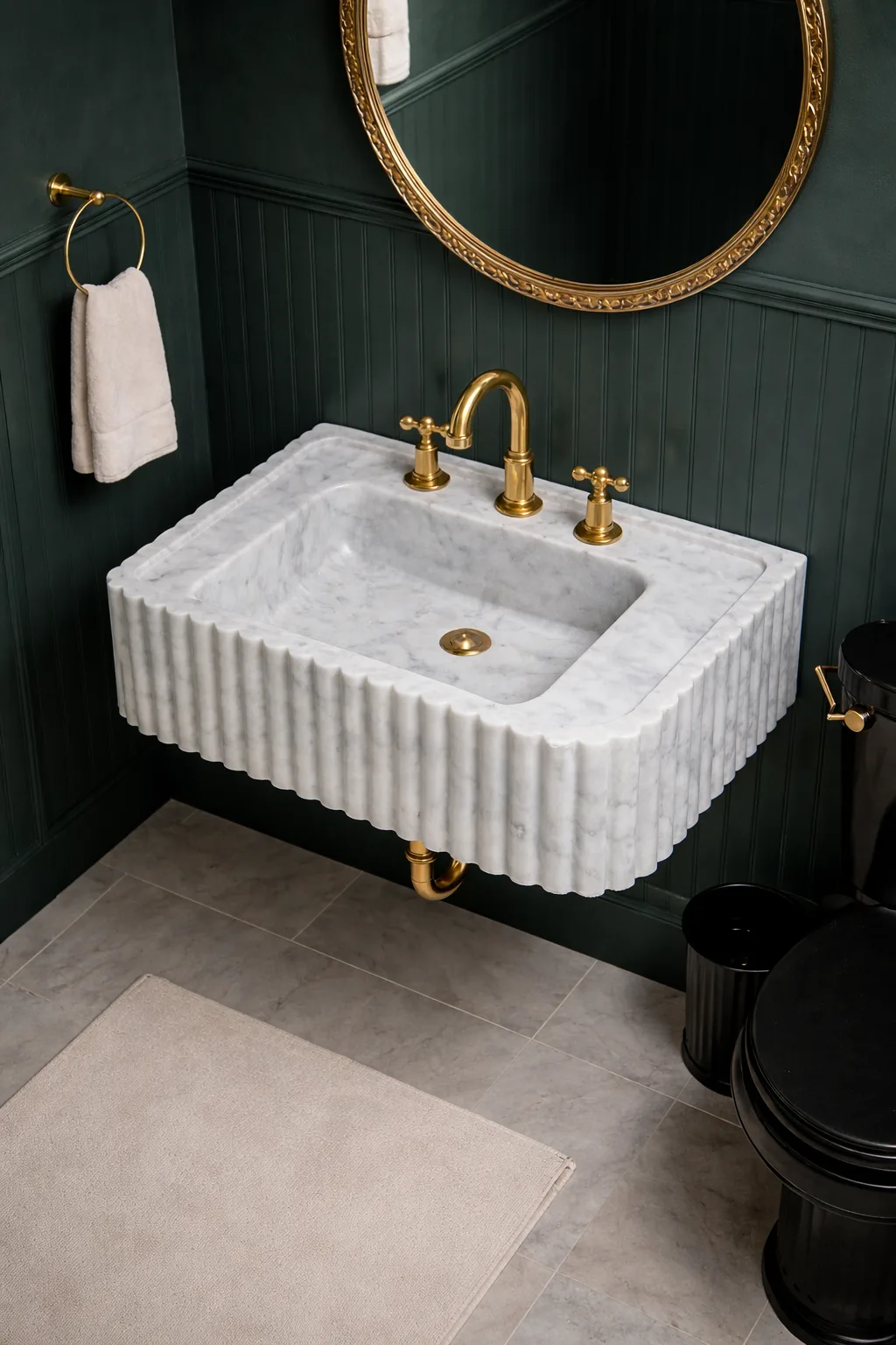 Carrara White Mermer Lavabo – Yivli El Oyması Duvara Monte Doğal Taş Banyo Lavabosu