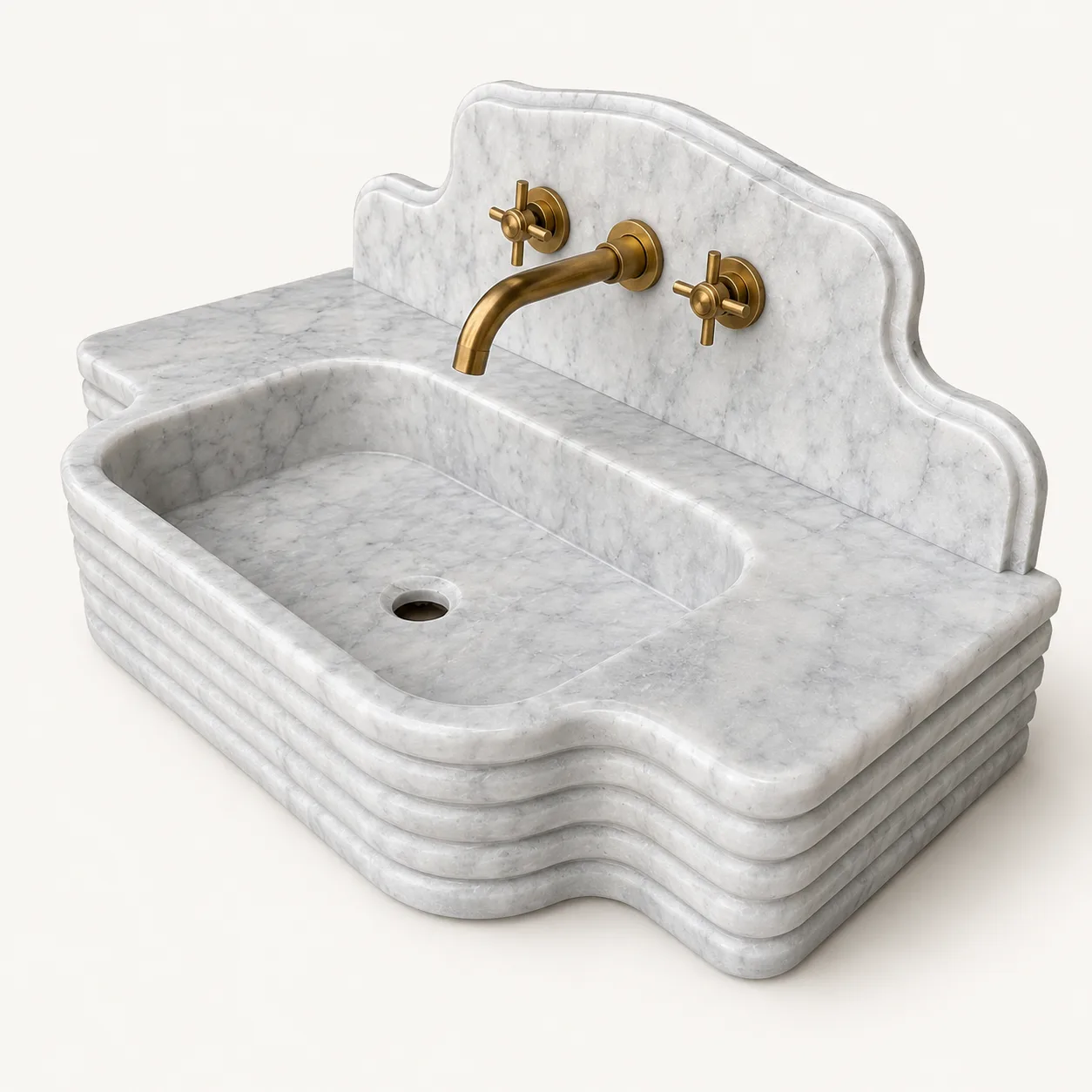 El Oyması Beyaz Carrara Mermer Lavabo – Yivli Duvara Monte Lüks Doğal Taş Banyo Lavabosu