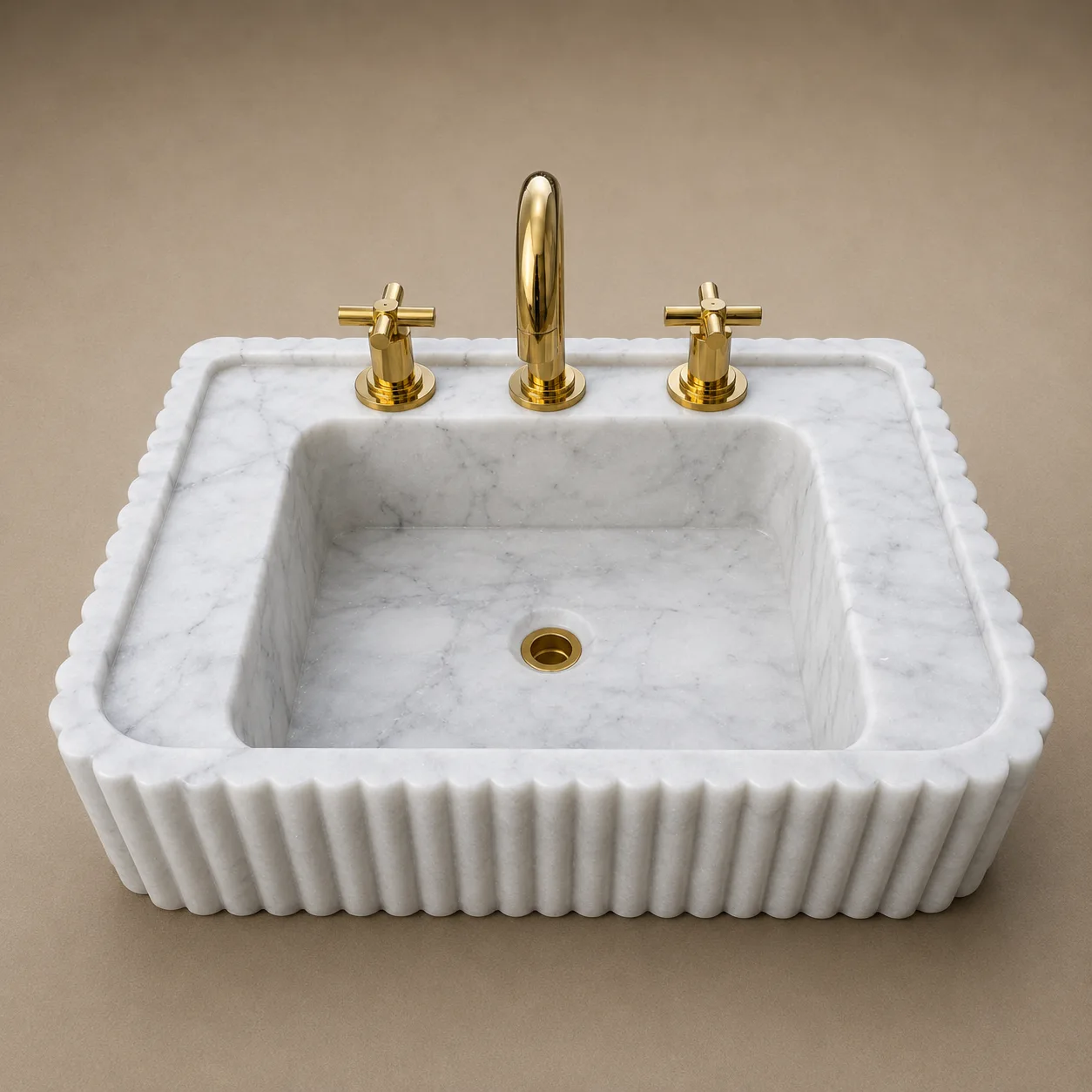 Carrara White Mermer Lavabo – Yivli El Oyması Duvara Monte Doğal Taş Banyo Lavabosu