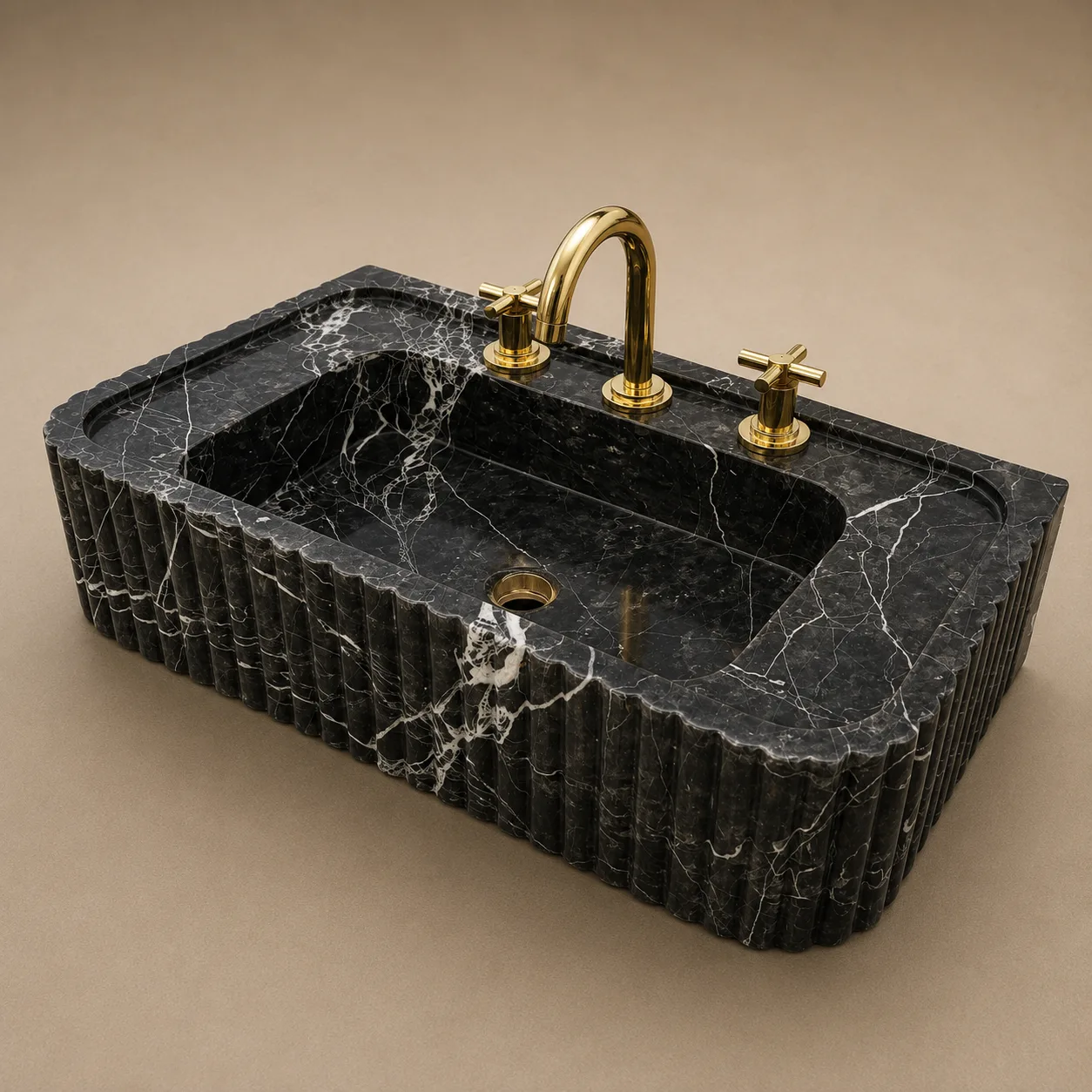 Nero Marquina Marble Sink – Hand-Carved Fluted Black Stone Wall-Mounted Vanity Basin