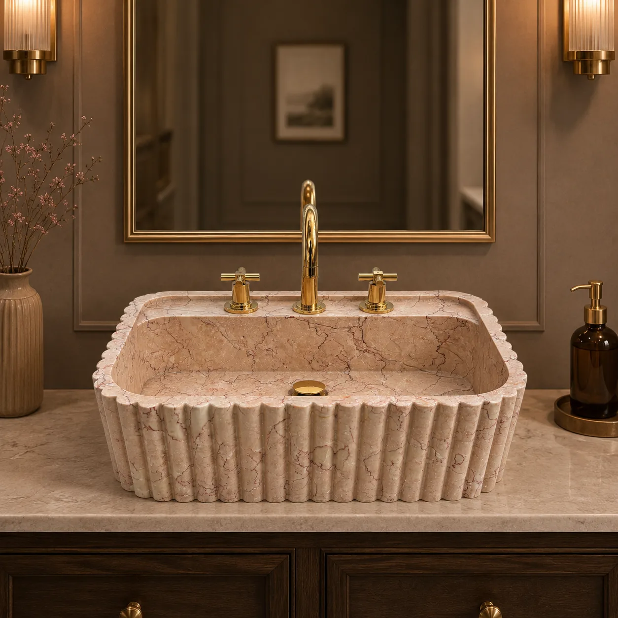Hand-Carved Pink Marble Sink – Fluted Wall-Mounted Luxury Bathroom Vessel Basin