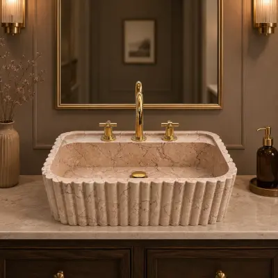 El Oyması Pembe Mermer Lavabo – Yivli Kenarlı Lüks Doğal Taş Banyo Lavabosu
