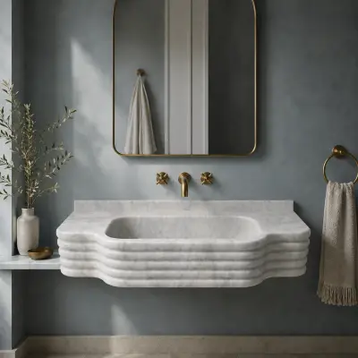 Mermer Lavabo Carrara Mermer Banyo Lavabosu – Yivli Doğal Taş Tezgâh ve Duvar Tipi Lavabo