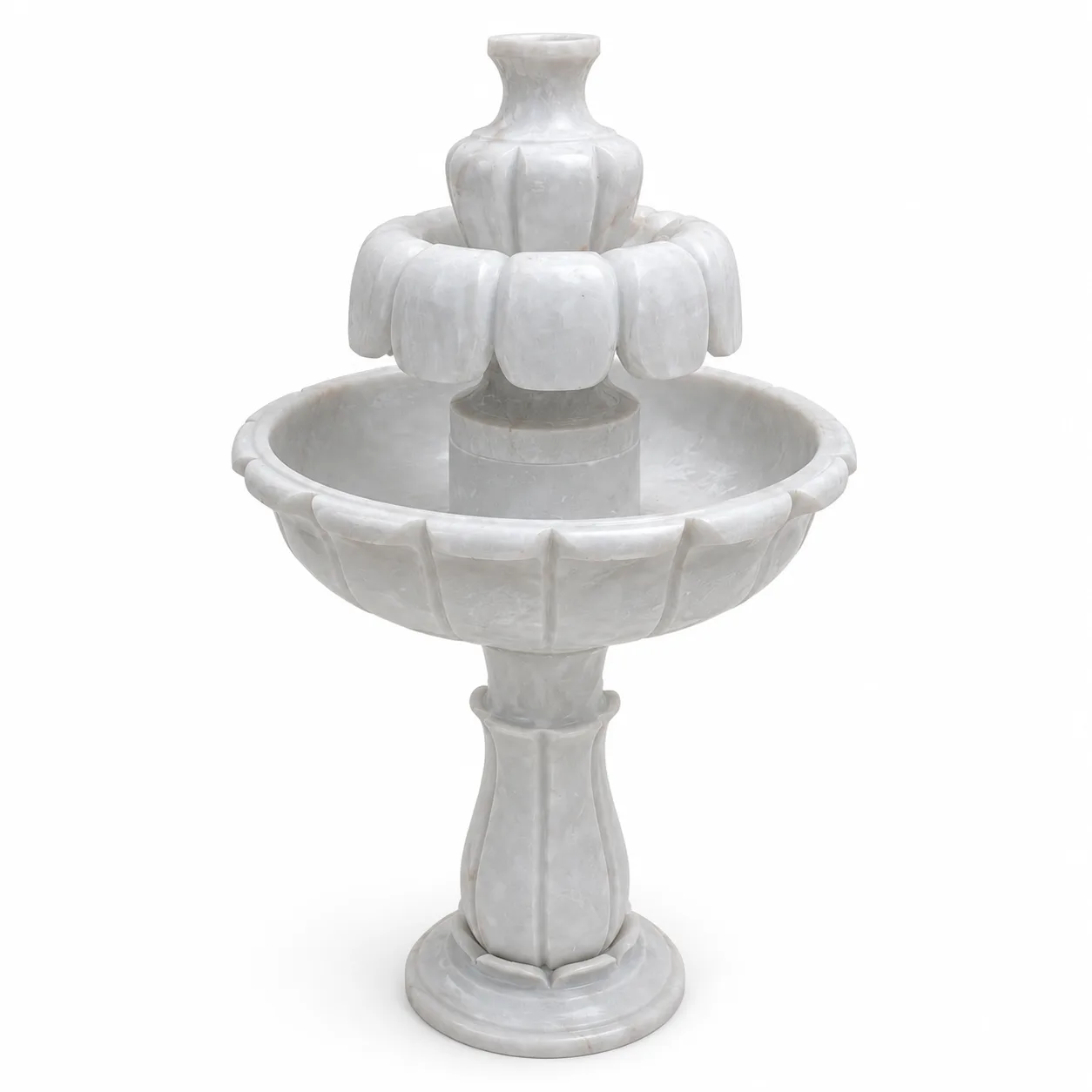 Hand-Carved Lotus Motif Two-Tiered White Marble Fountain