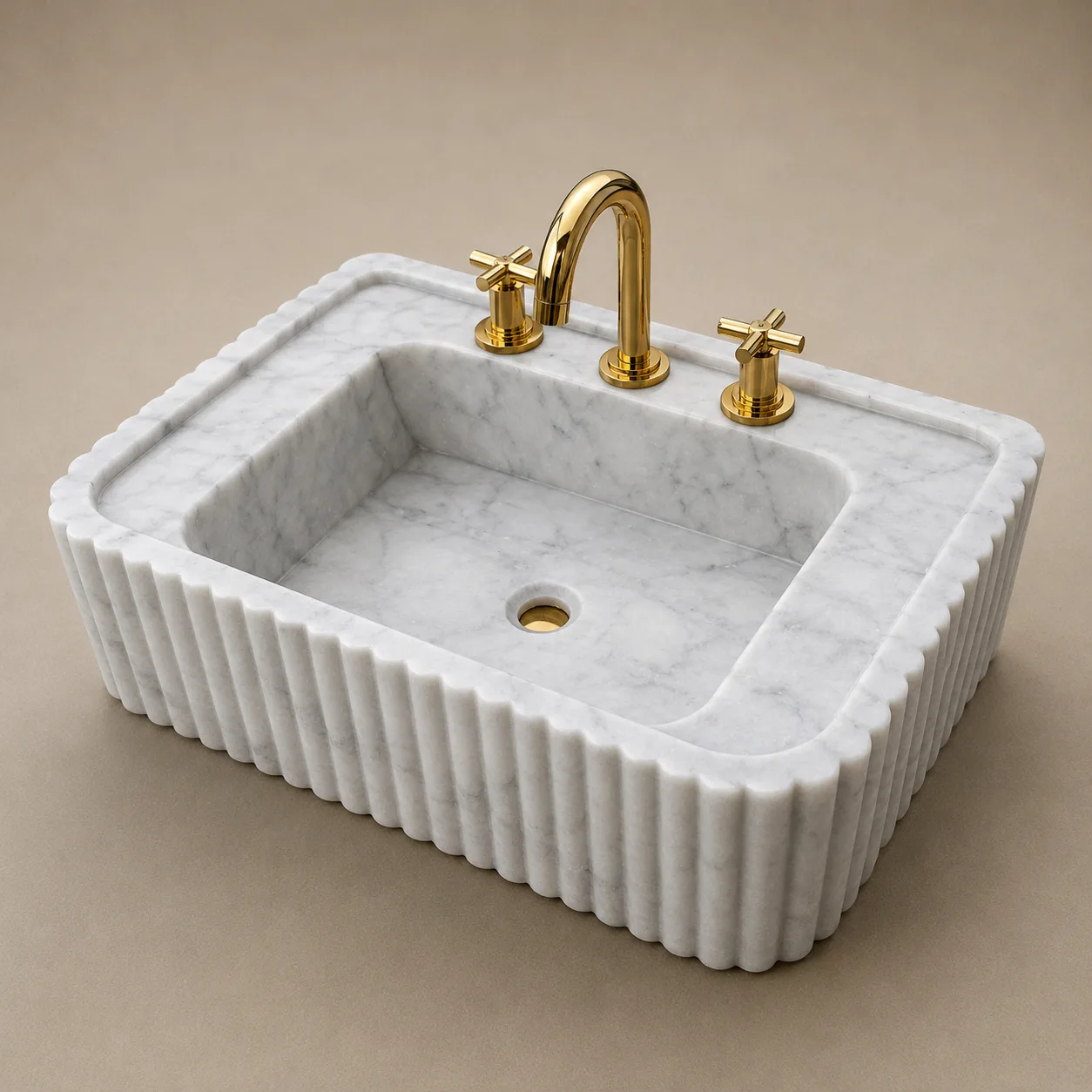 Carrara White Mermer Lavabo – Yivli El Oyması Duvara Monte Doğal Taş Banyo Lavabosu