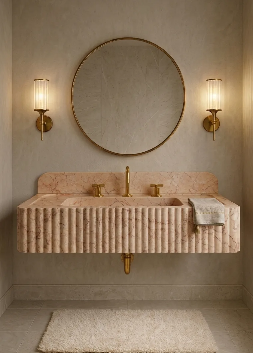 Pembe Bej Mermer Lavabo – Yivli El Oyması Duvara Monte Doğal Taş Banyo Lavabosu
