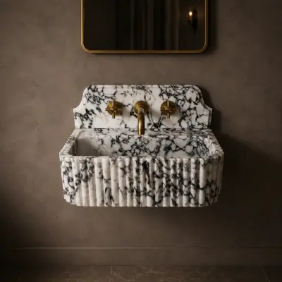 Calacatta Viola Mermer Lavabo – El Oyması Doğal Taş Duvara Monte Arka Panelli Banyo Lavabosu