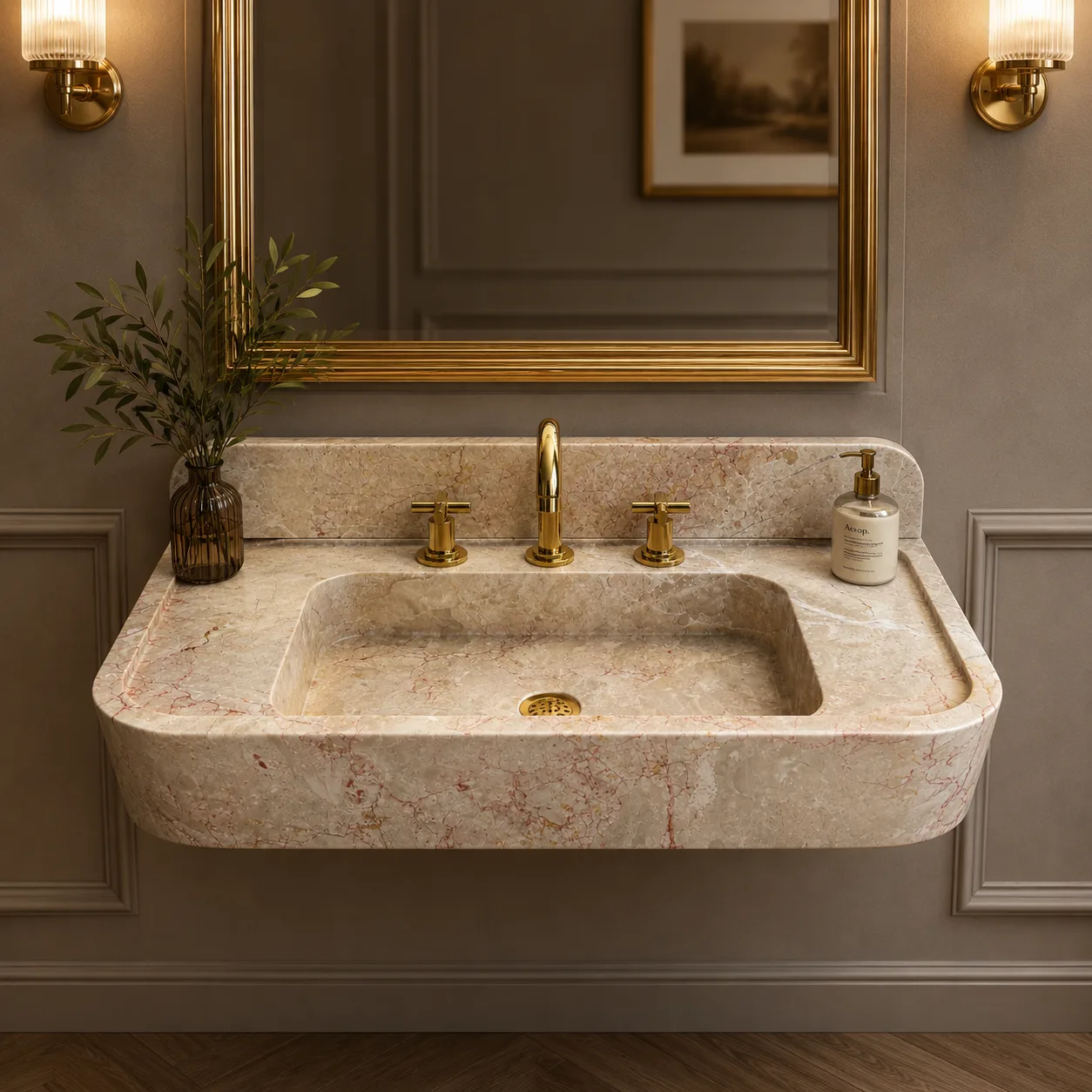 Pembe Bej Mermer Duvar Lavabosu – Entegre Arka Panelli El Oyması Doğal Taş Banyo Lavabosu
