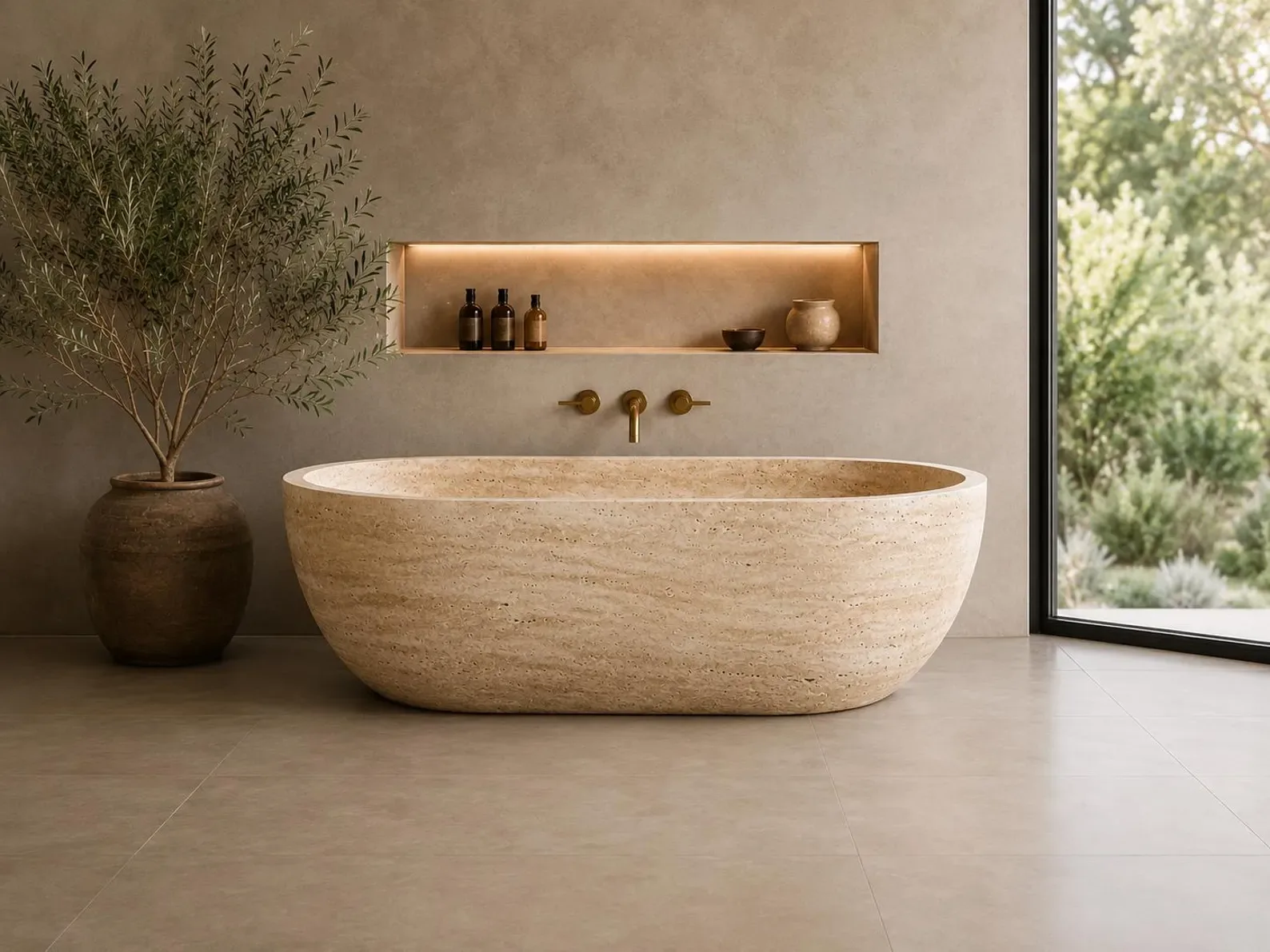 Doğal Traverten Küvet – El Yapımı Freestanding Mermer Küvet | Lüks Doğal Taş Banyo Küveti