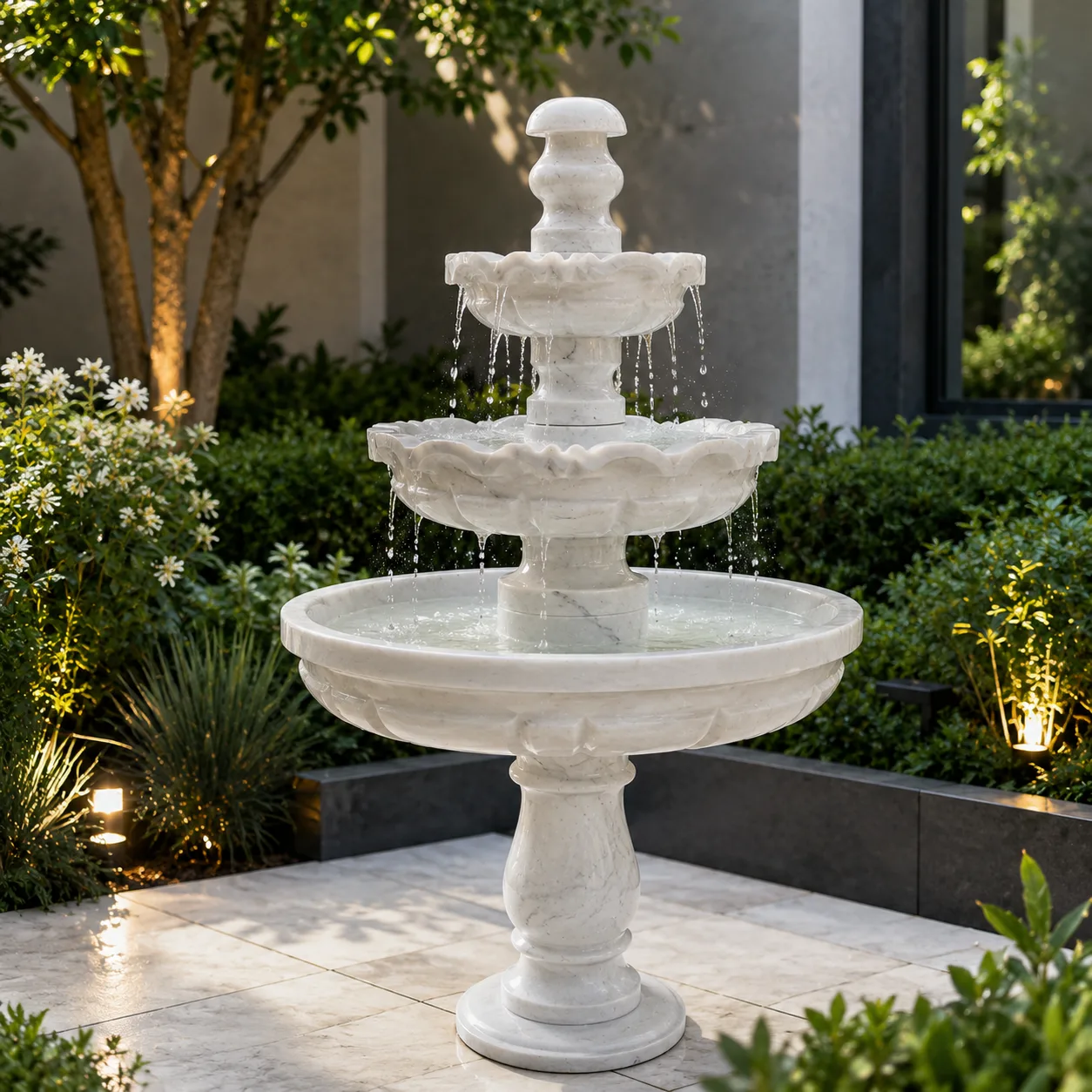 Classic Three-Tiered White Marble Garden Fountain