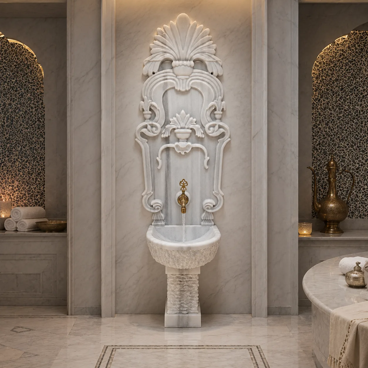 El Oyması Carrara White Mermer Klasik Duvar Çeşmesi