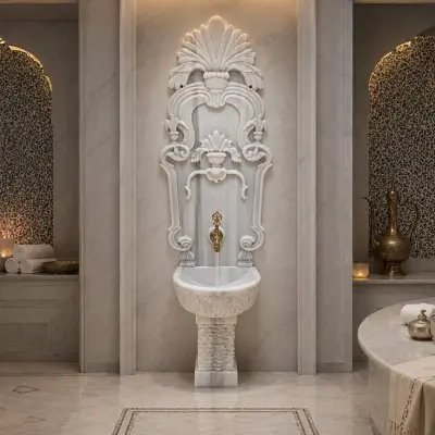 El Oyması Carrara White Mermer Klasik Duvar Çeşmesi