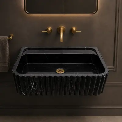 Nero Marquina Mermer Lavabo – El Oyması Yivli Siyah Doğal Taş Duvara Monte Banyo Lavabosu